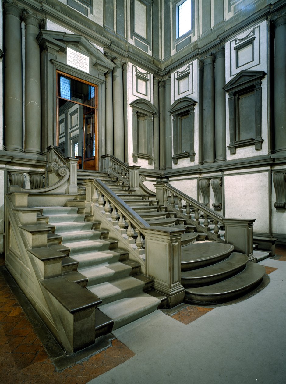 Escadaria no hall de entrada da Biblioteca Laurentian, completada por Bartolomeo Ammannati (1511-92) 1559 de Michelangelo Buonarroti