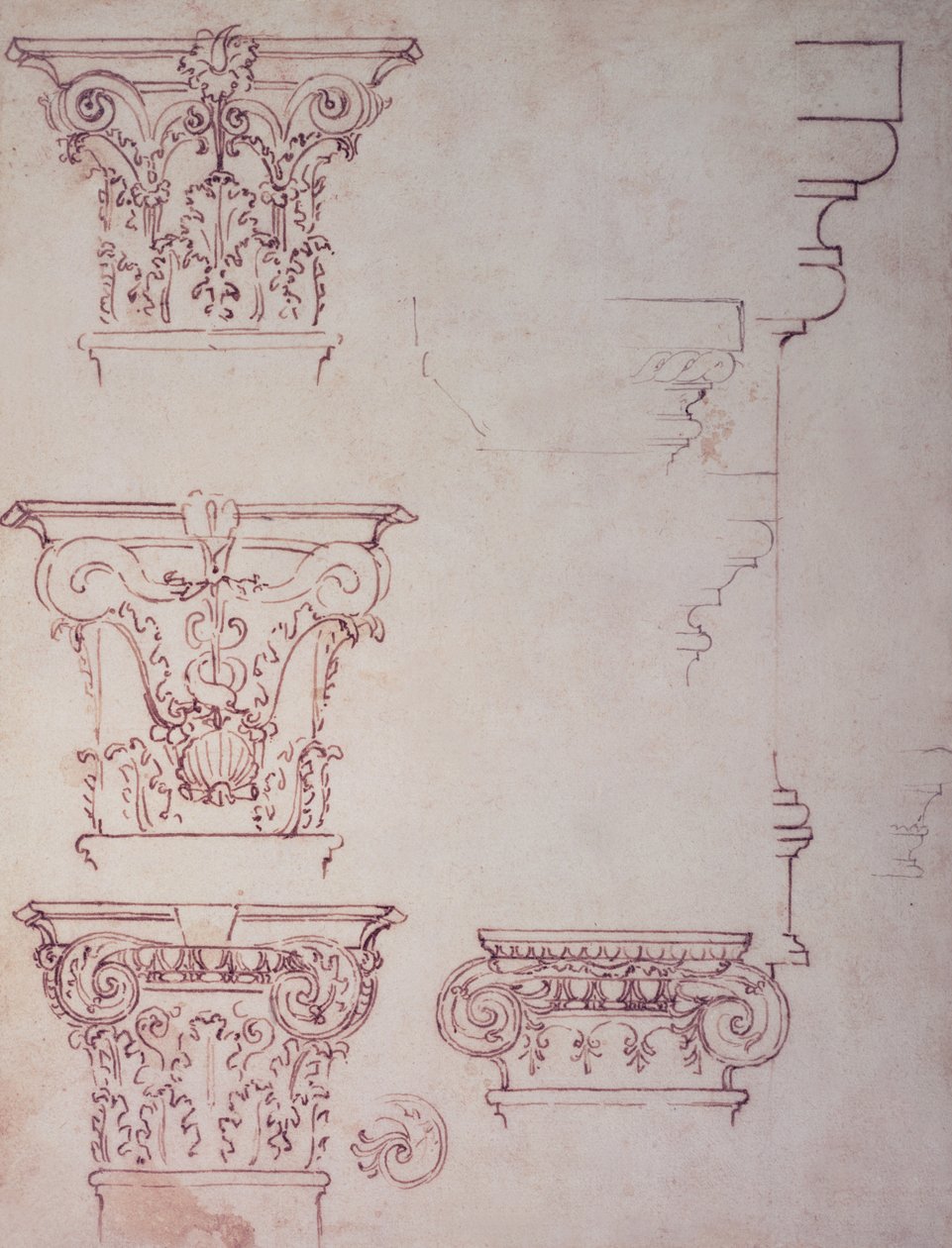 Estudos para uma Capital (tinta marrom) de Michelangelo Buonarroti