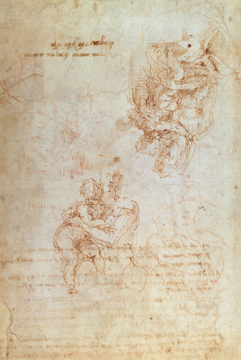 Estudos de Madonna e Criança (tinta no papel) de Michelangelo Buonarroti