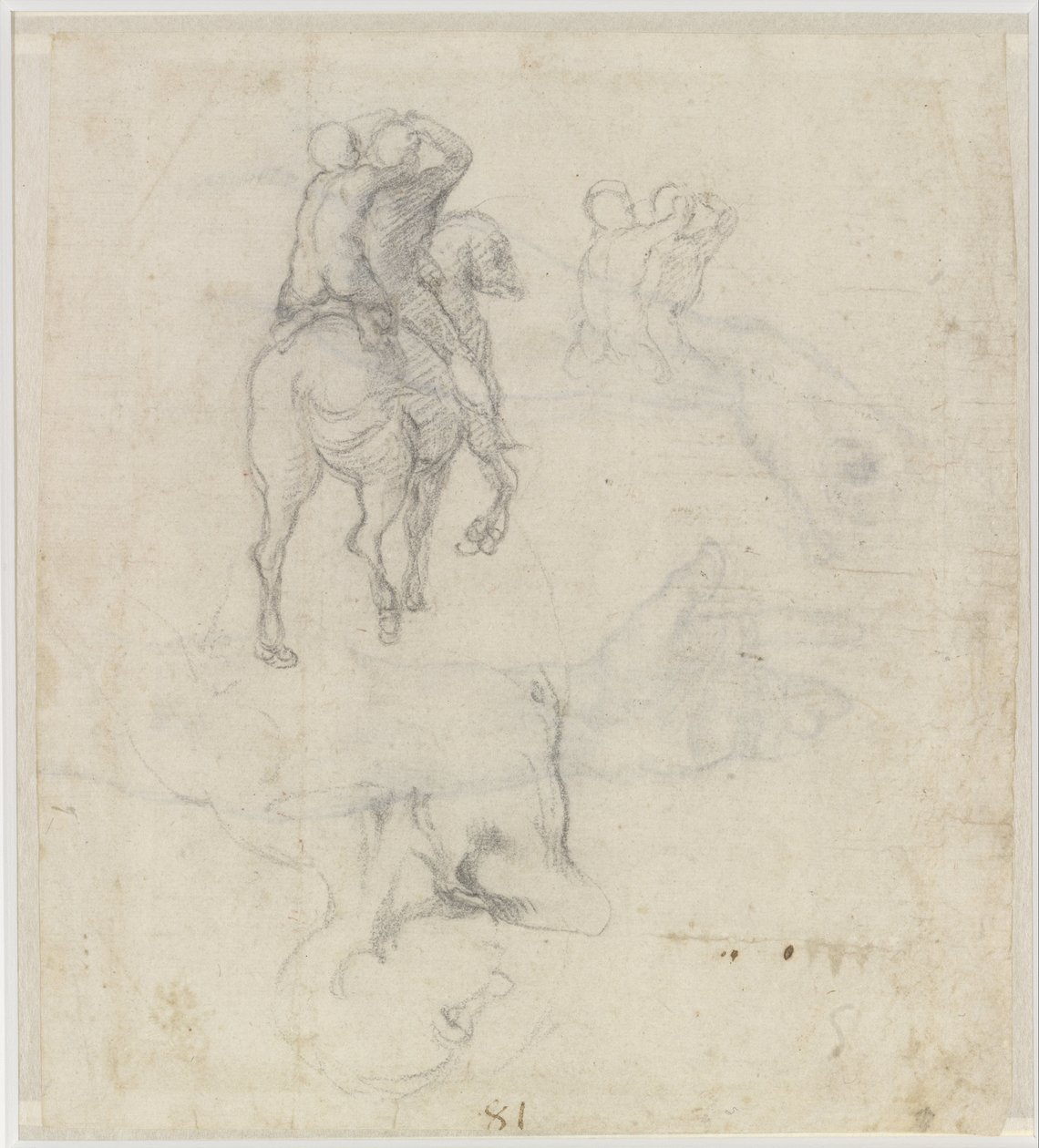 Estudos de um cavalo com dois cavaleiros nus e um torso masculino de Michelangelo Buonarroti