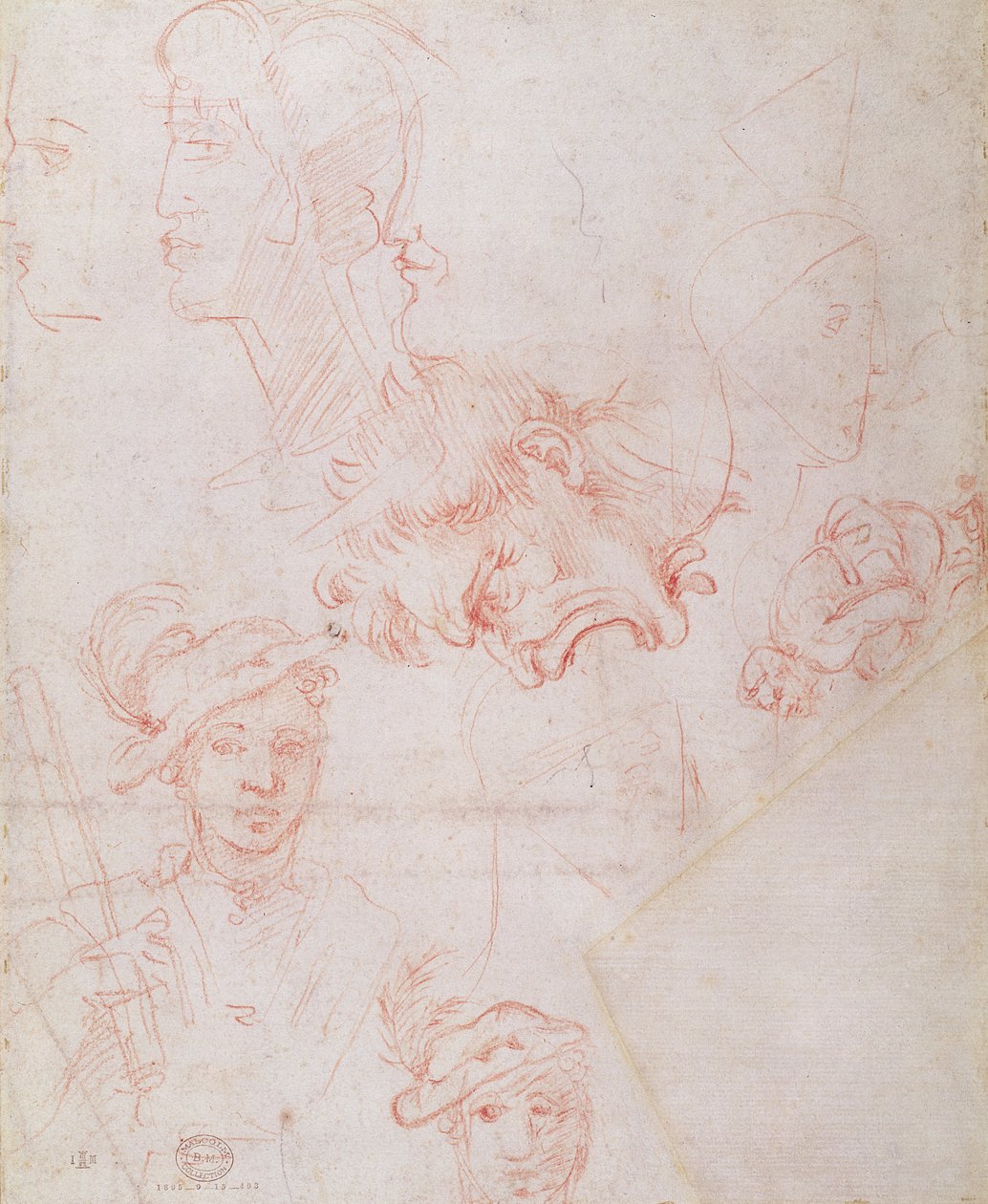 Estudos de cabeças, 1508-12d (giz vermelho sobre papel) (verso) de Michelangelo Buonarroti