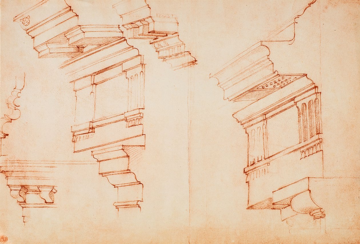 Estudo para entablamento e cornija; desenho de Michelangelo. Casa Buonarroti, Florença de Michelangelo Buonarroti