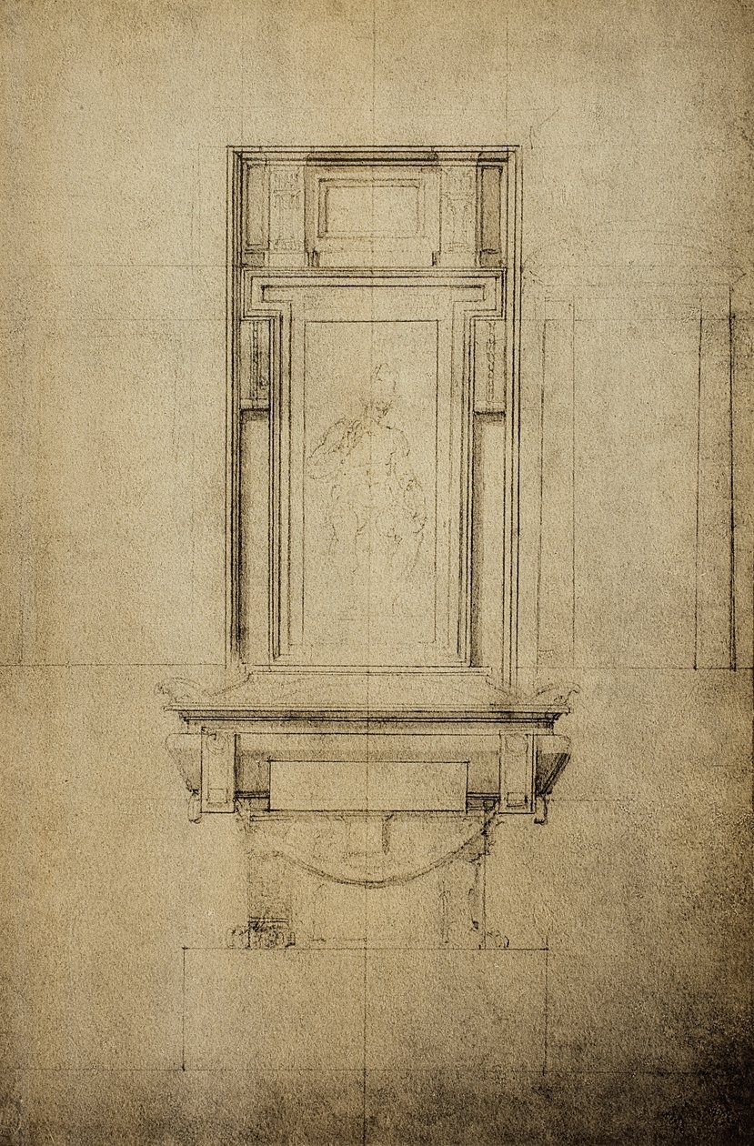 Estudo para um dos monumentos da Capela Medici da basílica de San Lorenzo; desenho de Michelangelo. Casa Buonarroti, Florença de Michelangelo Buonarroti
