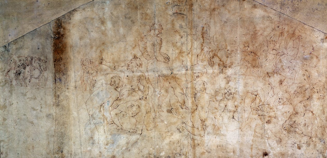 Estudo para a &39;Batalha de Cascina&39; 1504 (tinta marrom sobre papel) (reto) de Michelangelo Buonarroti