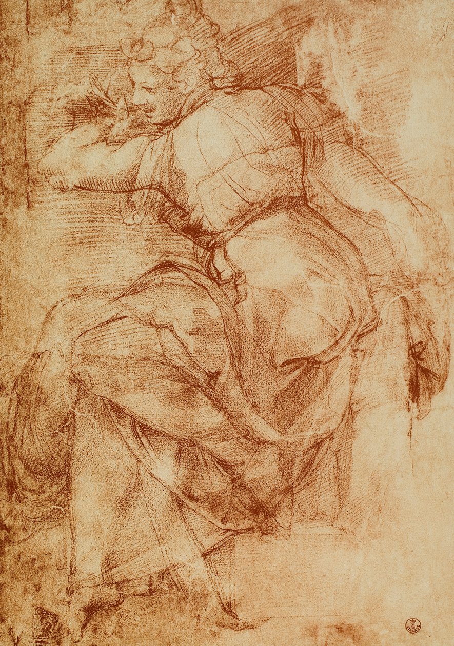 Estudo para a Sibila da Líbia na abóbada da Capela Sistina, Michelangelo. Gabinete de Desenhos e Gravuras, Uffizi, Florença de Michelangelo Buonarroti