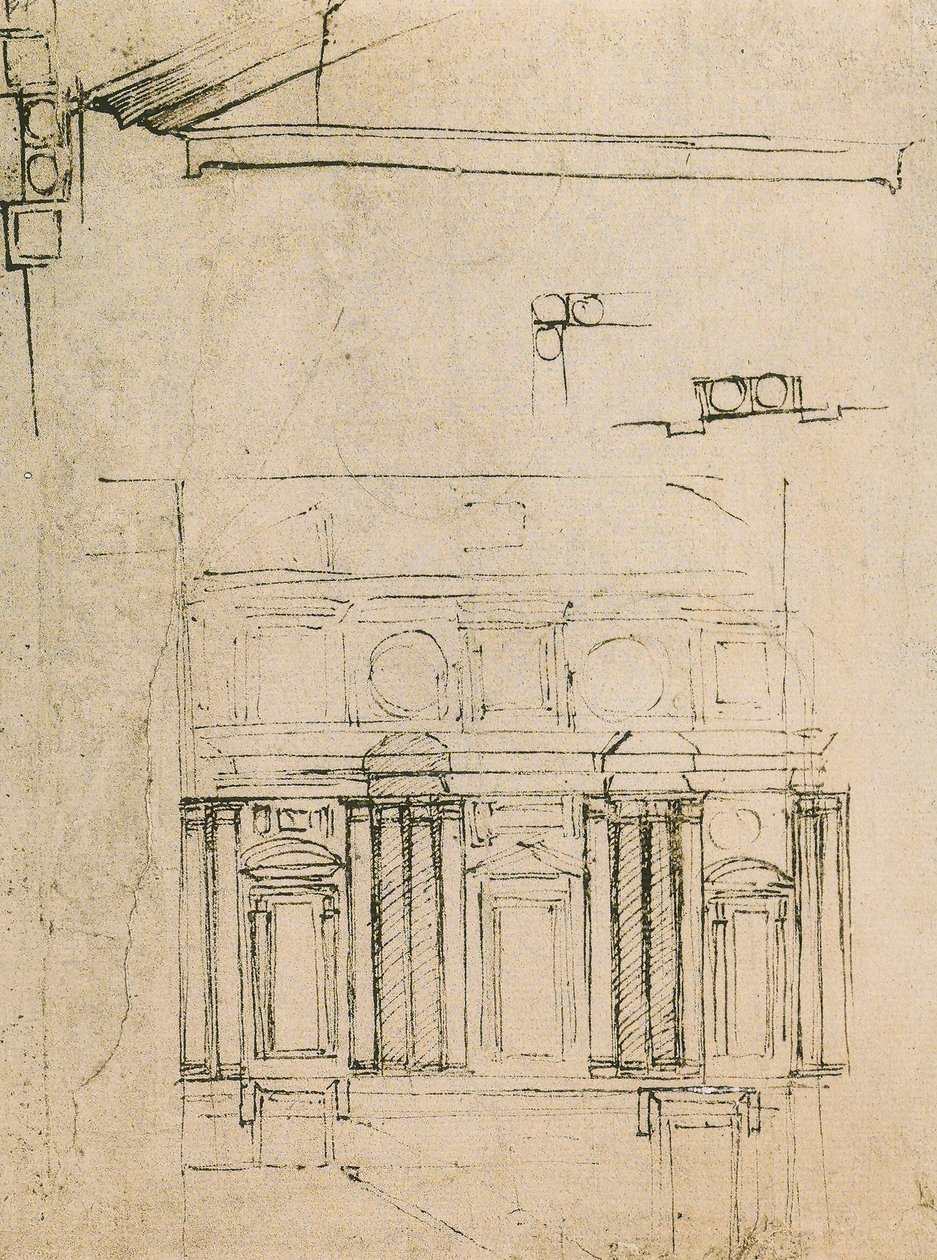 Estudo para o enfrentamento do ricetto da Biblioteca Laurentina, desenho de Michelangelo. Casa Buonarroti, Florença de Michelangelo Buonarroti