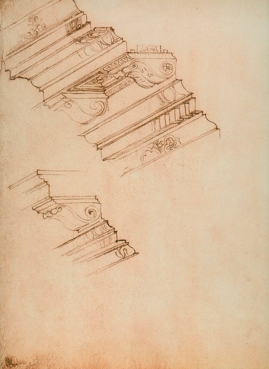 Estudo para duas cornijas; desenho de Michelangelo. Casa Buonarroti, Florença de Michelangelo Buonarroti