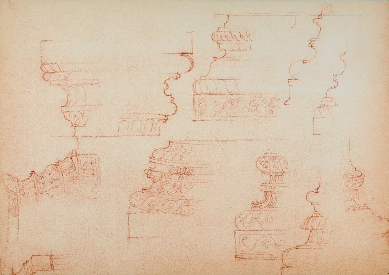 Estudo para várias bases de coluna; desenho de Michelangelo. Casa Buonarroti, Florença de Michelangelo Buonarroti