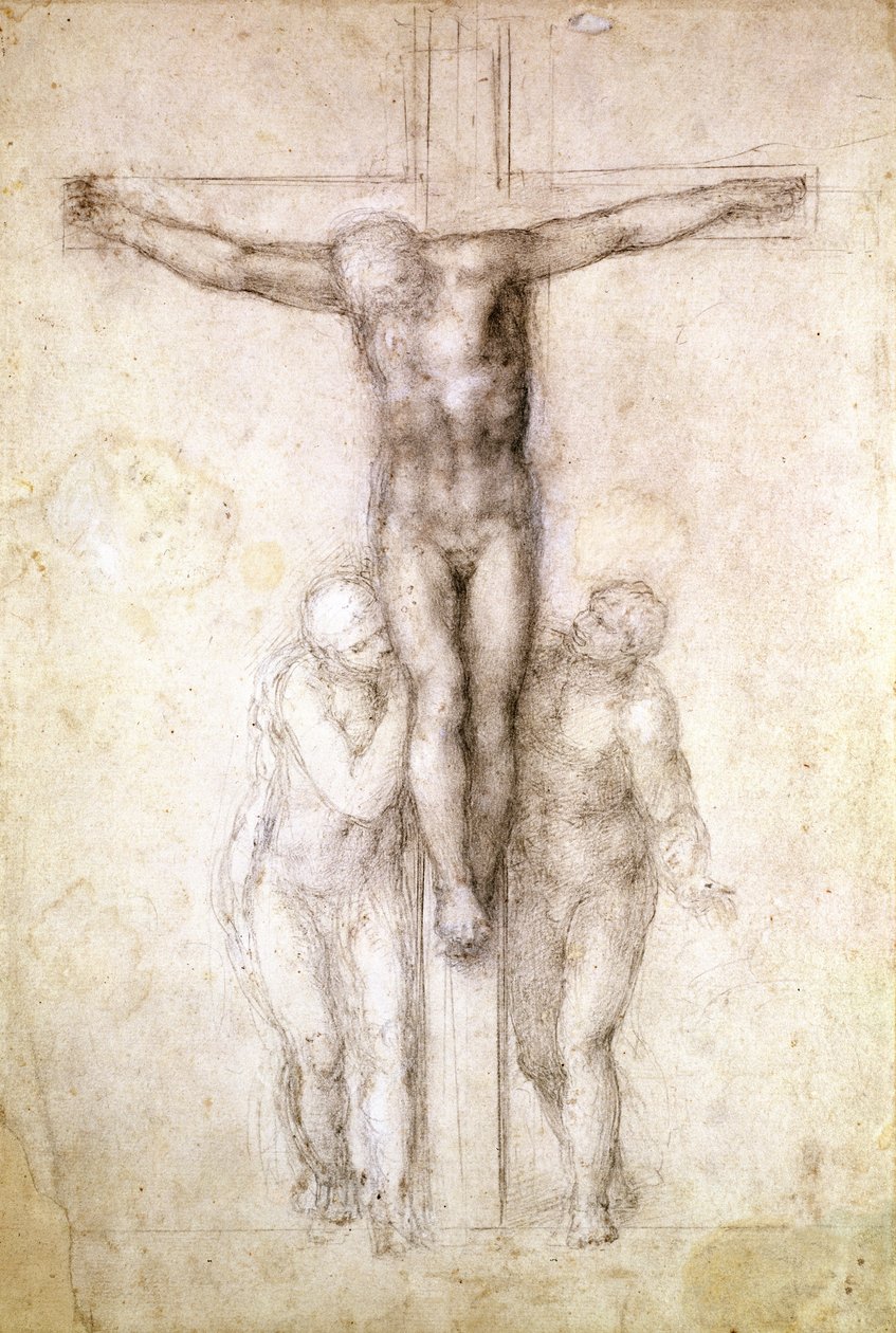 Estudo de Cristo na Cruz entre a Virgem e São João Evangelista (giz preto sobre papel) (reto) de Michelangelo Buonarroti