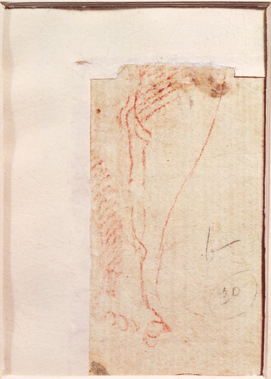 Estudo dos pés de Cristo pregados na cruz (giz vermelho sobre papel) (verso) de Michelangelo Buonarroti