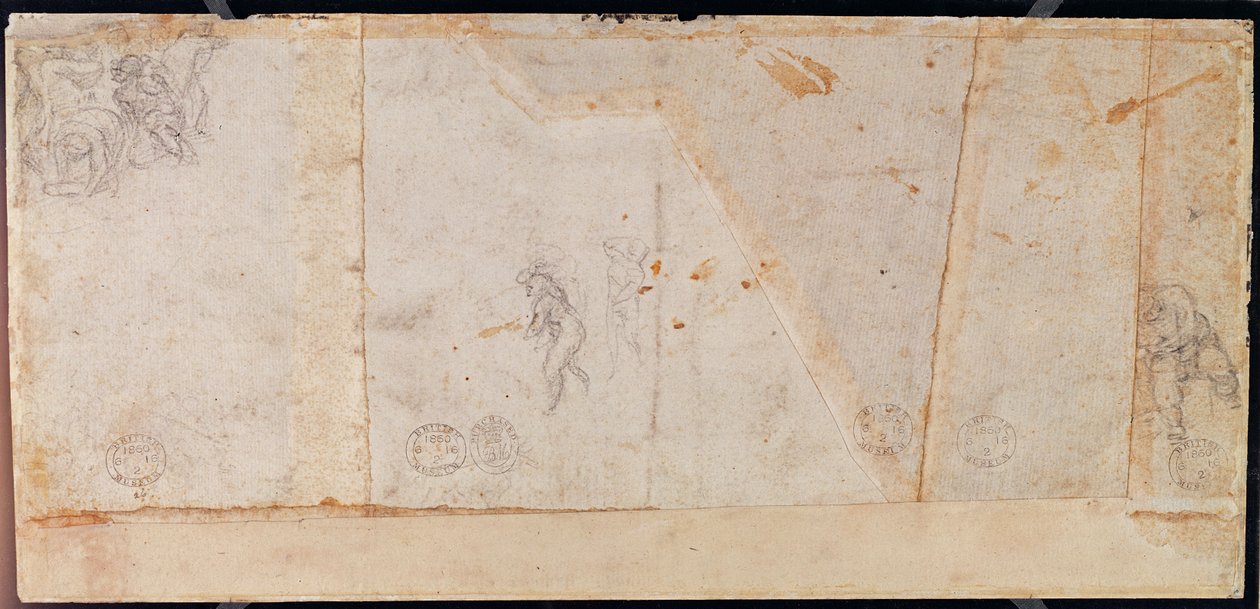 Estudo de Figuras (giz preto sobre papel) (verso) de Michelangelo Buonarroti