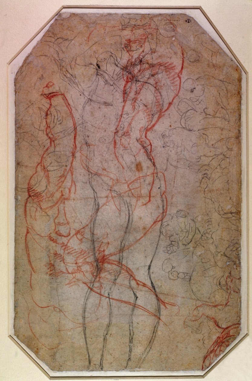 Estudo das Figuras e a Criação de Adão (lápis e giz vermelho sobre papel) (verso) de Michelangelo Buonarroti