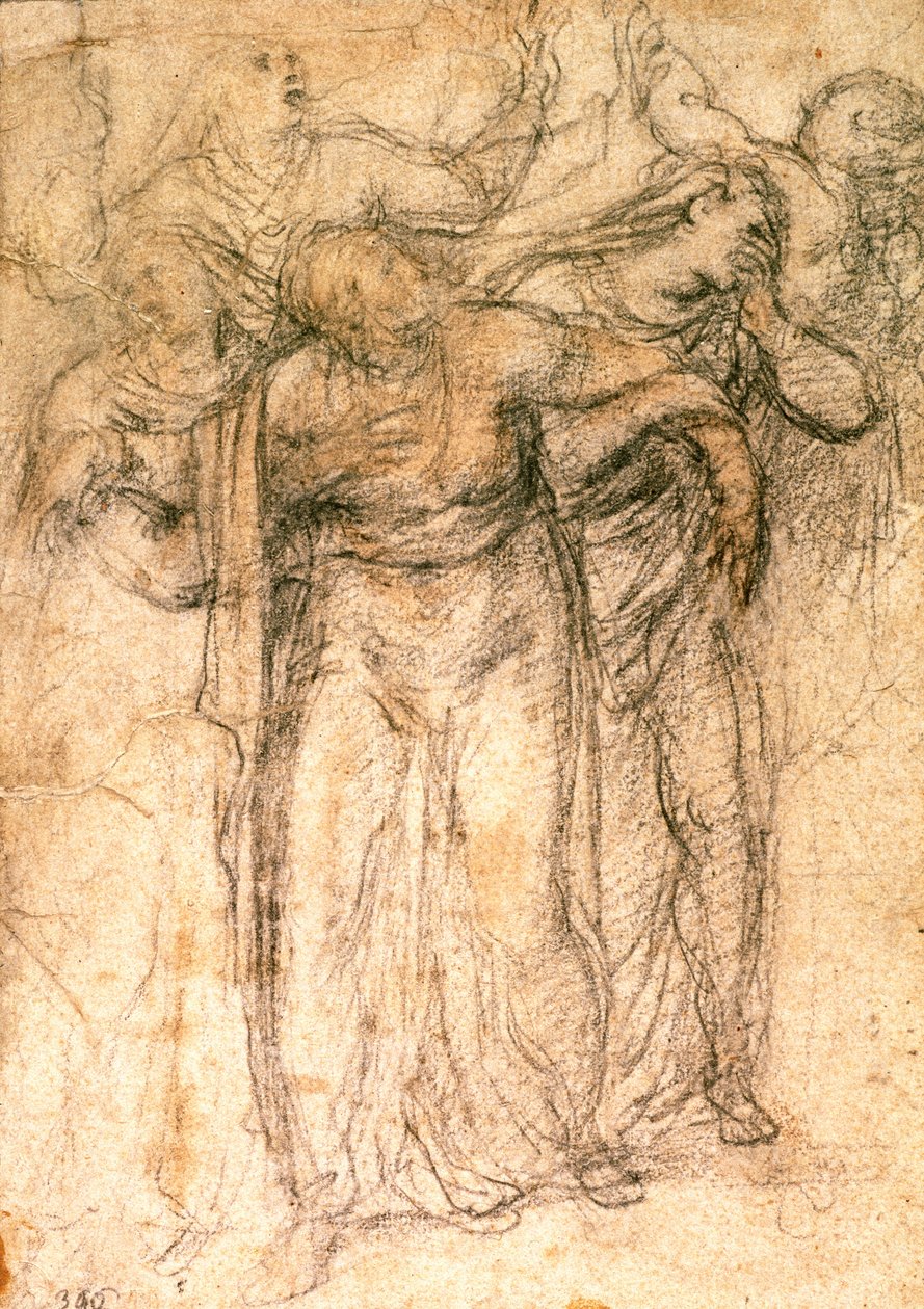 Estudo das Mulheres de Luto (carvão no papel) (reto) de Michelangelo Buonarroti