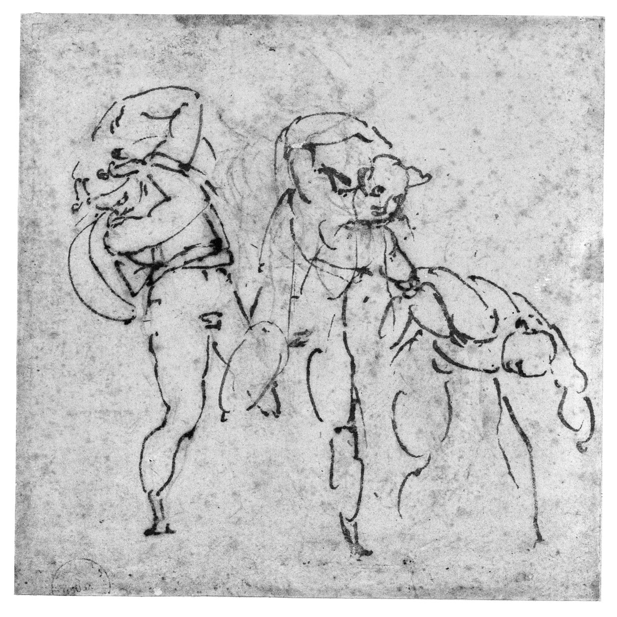 Estudo de Três Figuras, c.1517-20 (caneta e tinta marrom sobre ponto de chumbo em papel branco) de Michelangelo Buonarroti