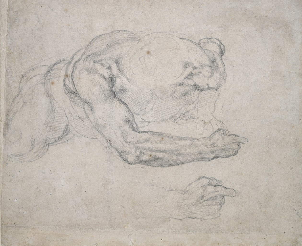 Estudo de um homem saindo do chão (giz preto sobre papel branco) de Michelangelo Buonarroti