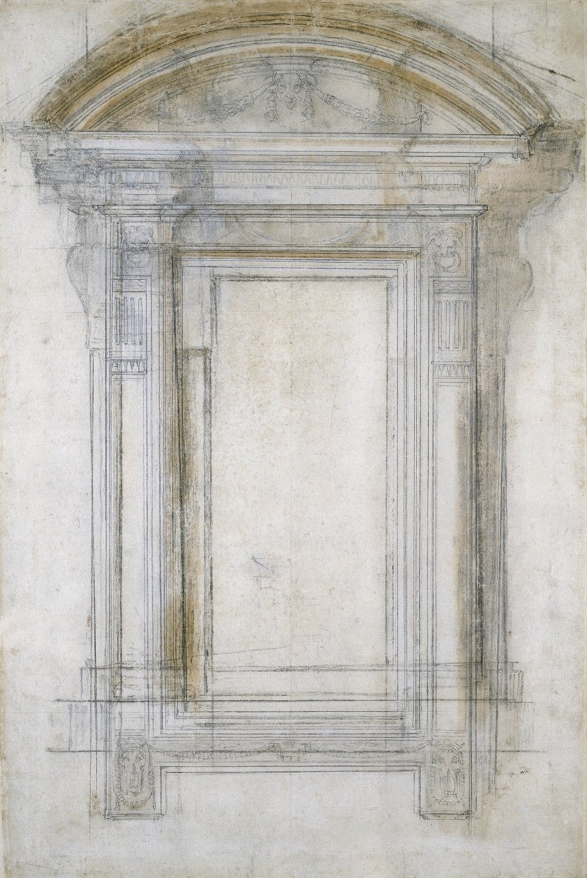 Estudo de uma janela com empena semicircular, c.1546 (giz preto e lavagem sobre papel) de Michelangelo Buonarroti