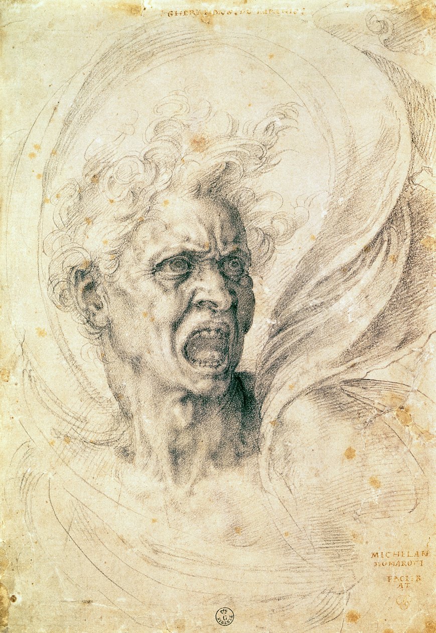 Estudo de um homem gritando (carvão no papel) de Michelangelo Buonarroti