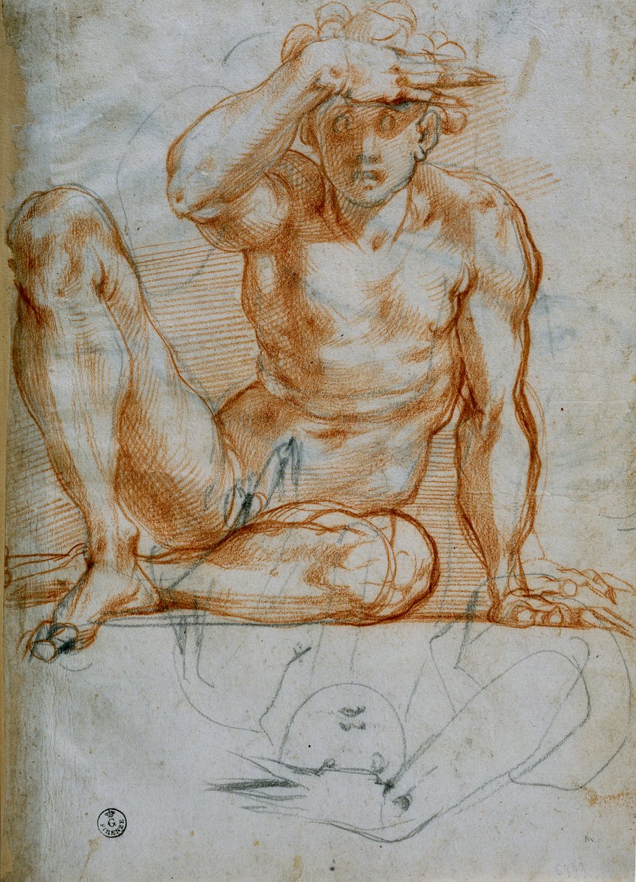 Estudo de um nu fazendo uma sombra com a mão (6599 F), lápis vermelho sobre papel, Michelangelo Buonarroti (1475-1564), Gabinete de Desenhos e Gravuras, Galeria Uffizi, Florença de Michelangelo Buonarroti