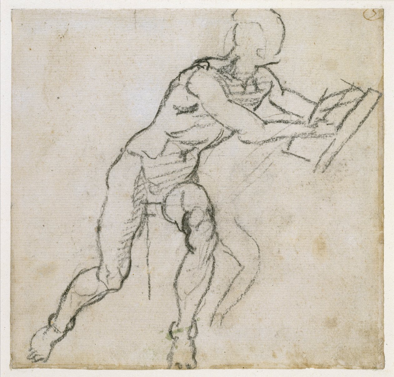 Estudo de um nu masculino sentado, c.1511 (giz preto sobre papel) de Michelangelo Buonarroti