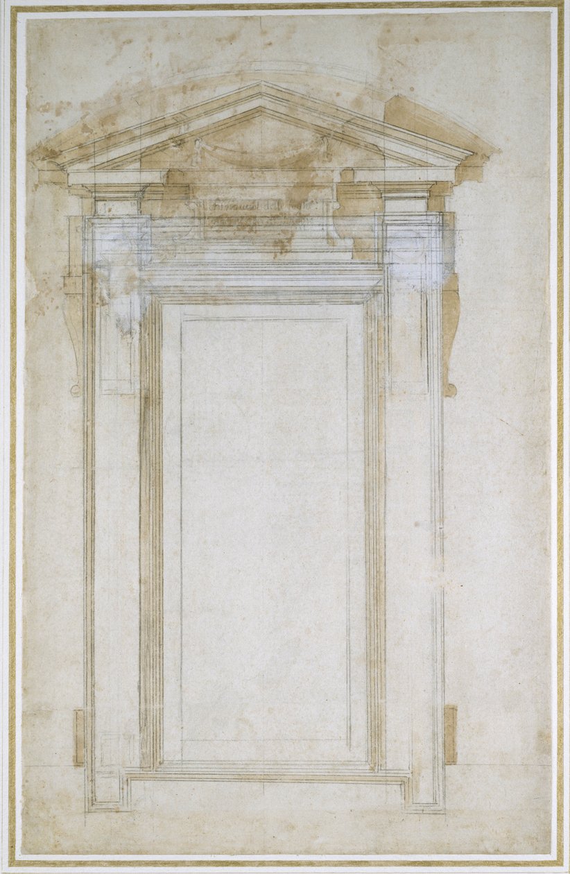 Estudo de uma janela com empena triangular, c.1546 (giz preto, lavagem, caneta e tinta sobre papel) de Michelangelo Buonarroti