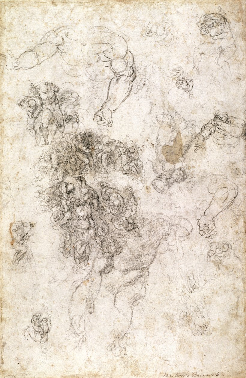 Estudo das figuras de &39;O Juízo Final&39; com assinatura do artista, 1536-41 (carvão sobre papel) (reto) de Michelangelo Buonarroti