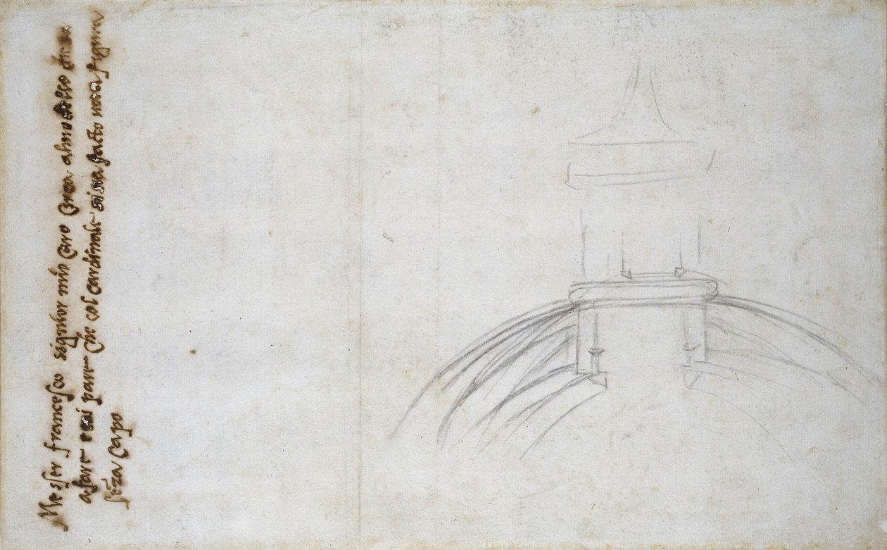 Estudo da Lanterna para São Pedro, 1557 (giz preto, caneta e tinta sobre papel) de Michelangelo Buonarroti