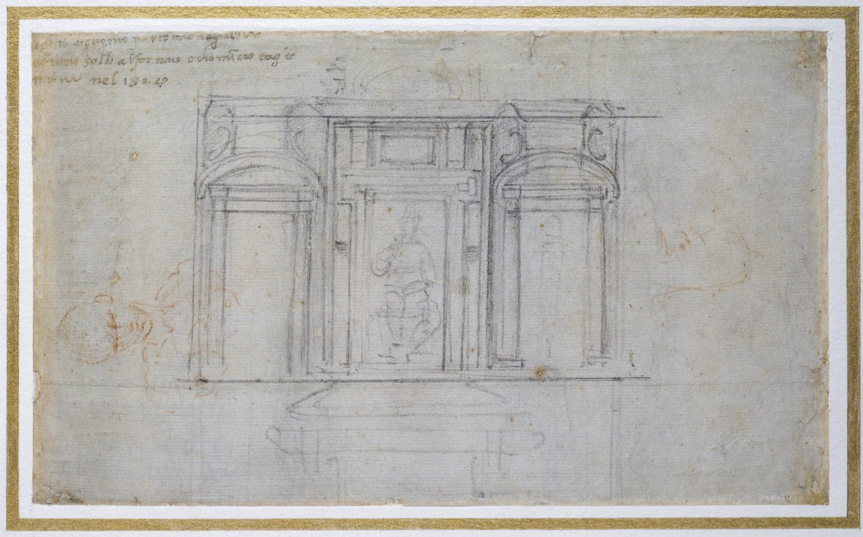 Estudo do Nível Superior do Túmulo de Medici, c.1520 (giz preto e vermelho sobre papel) de Michelangelo Buonarroti