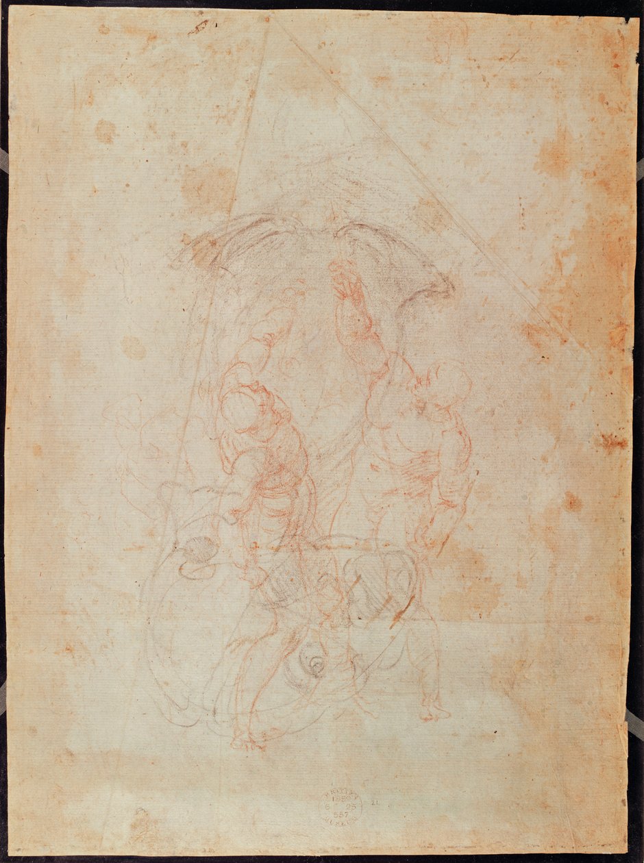 Estudo de duas figuras masculinas (giz vermelho sobre papel) (verso) de Michelangelo Buonarroti