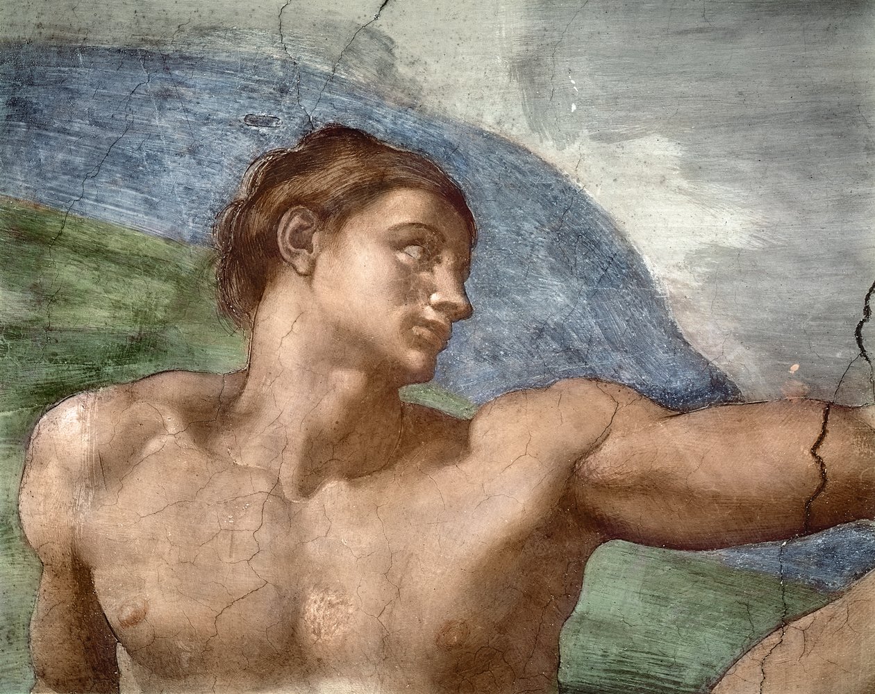 A criação de Adão, detalhe da cabeça de Adão, 1508-12 de Michelangelo Buonarroti