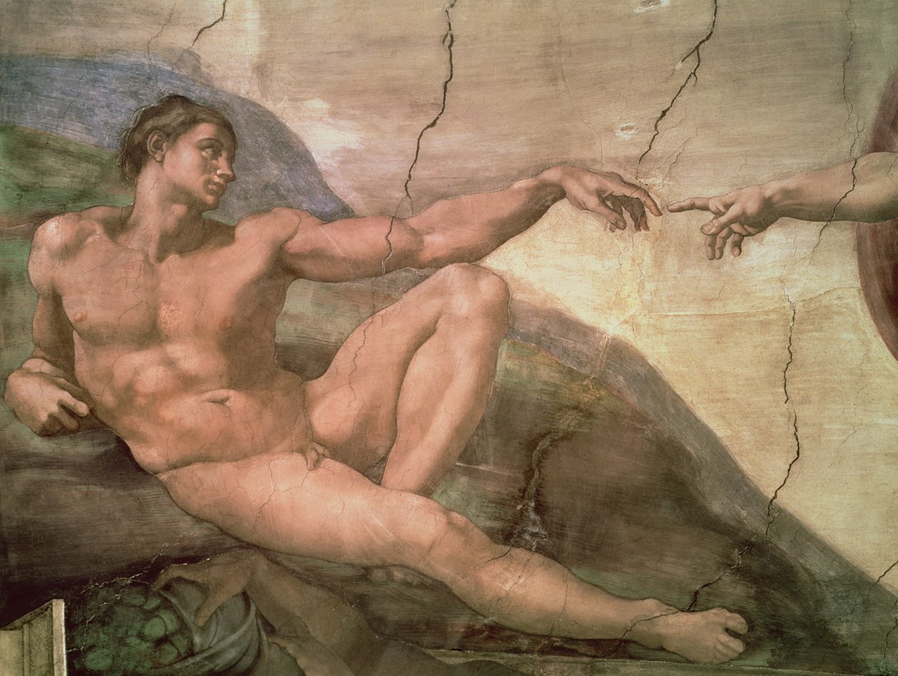 A criação de Adão, do teto da Capela Sistina, 1511 (pré-restauração) de Michelangelo Buonarroti