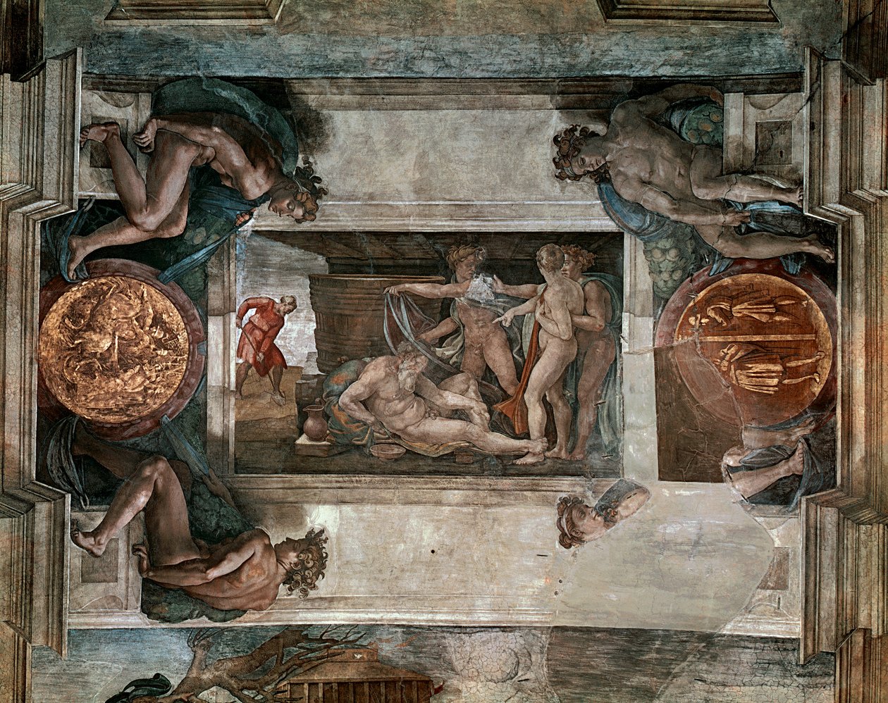 A embriaguez de Noé, detalhes do teto da Capela Sistina, 1508-12 de Michelangelo Buonarroti