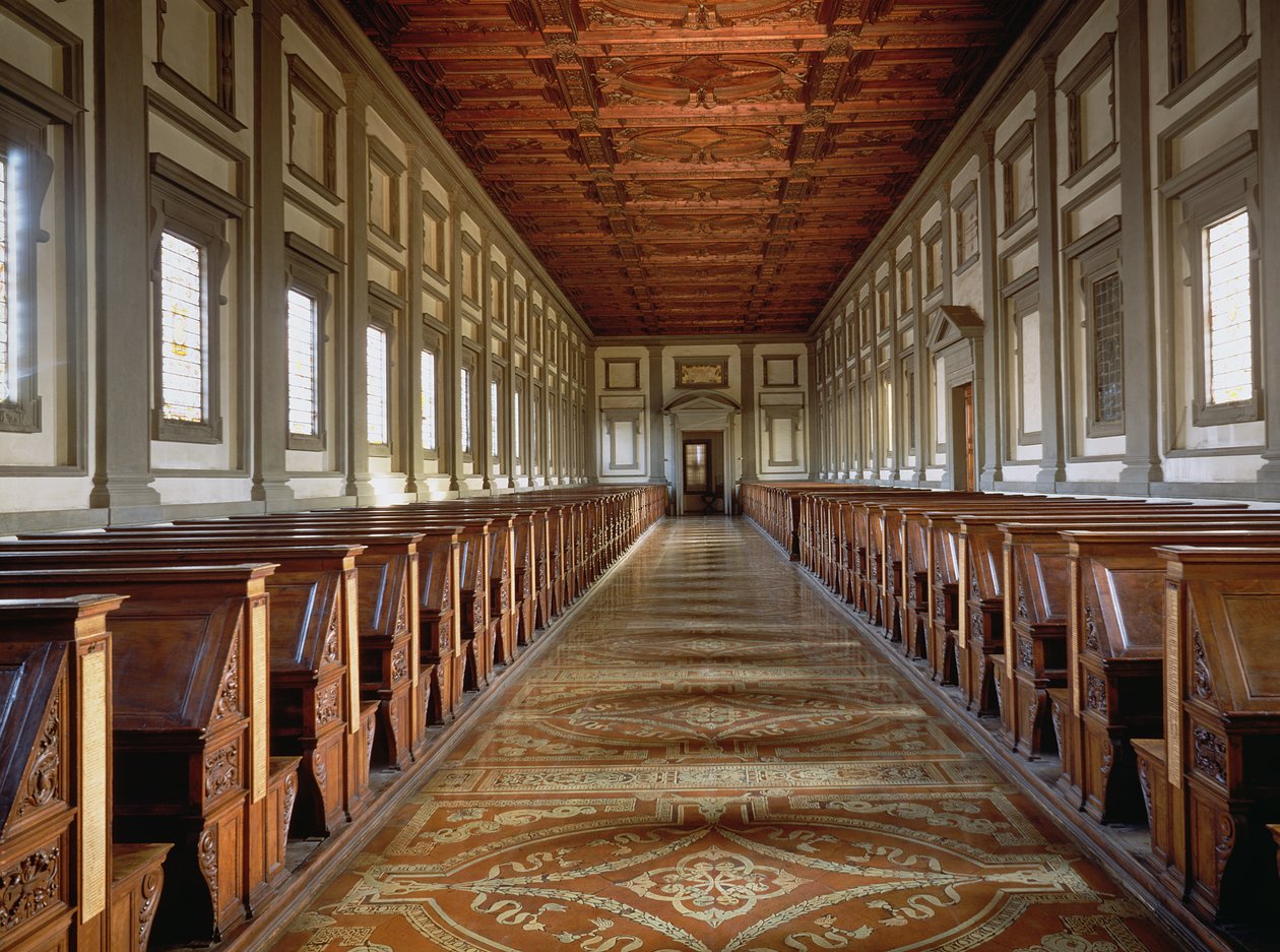A Sala de Leitura da Biblioteca Laurentina, desenhada por Michelangelo Buonarroti (1475-1564), 1534 de Michelangelo Buonarroti