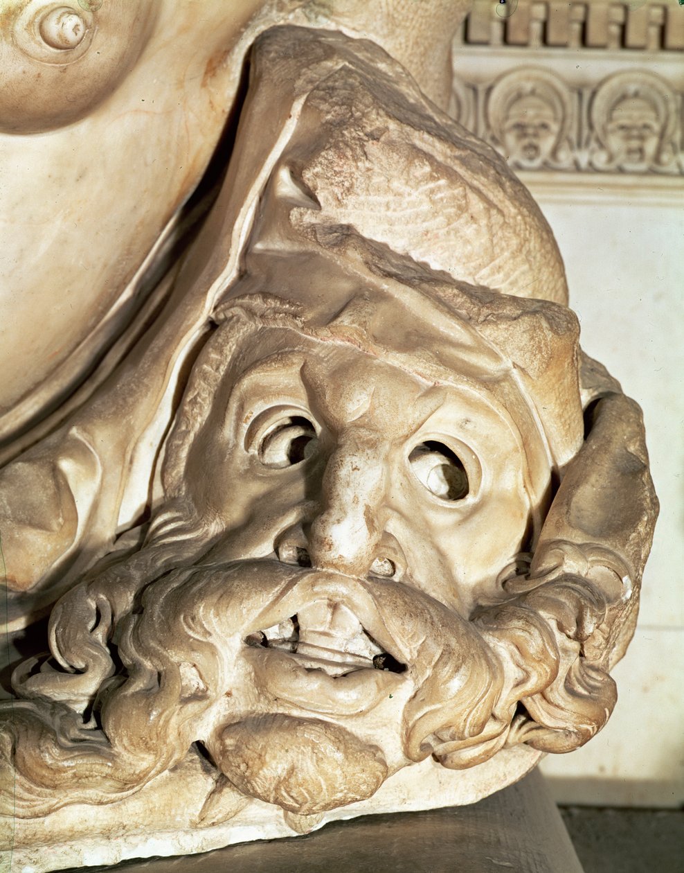 O túmulo de Giuliano de Medici 1478-1516 detalhe da máscara trágica sob o braço da noite, 1520-34 mármore de Michelangelo Buonarroti