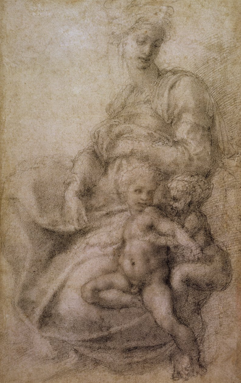 A Virgem e o Menino com o Batista infantil, c.1530 (giz preto sobre papel) de Michelangelo Buonarroti