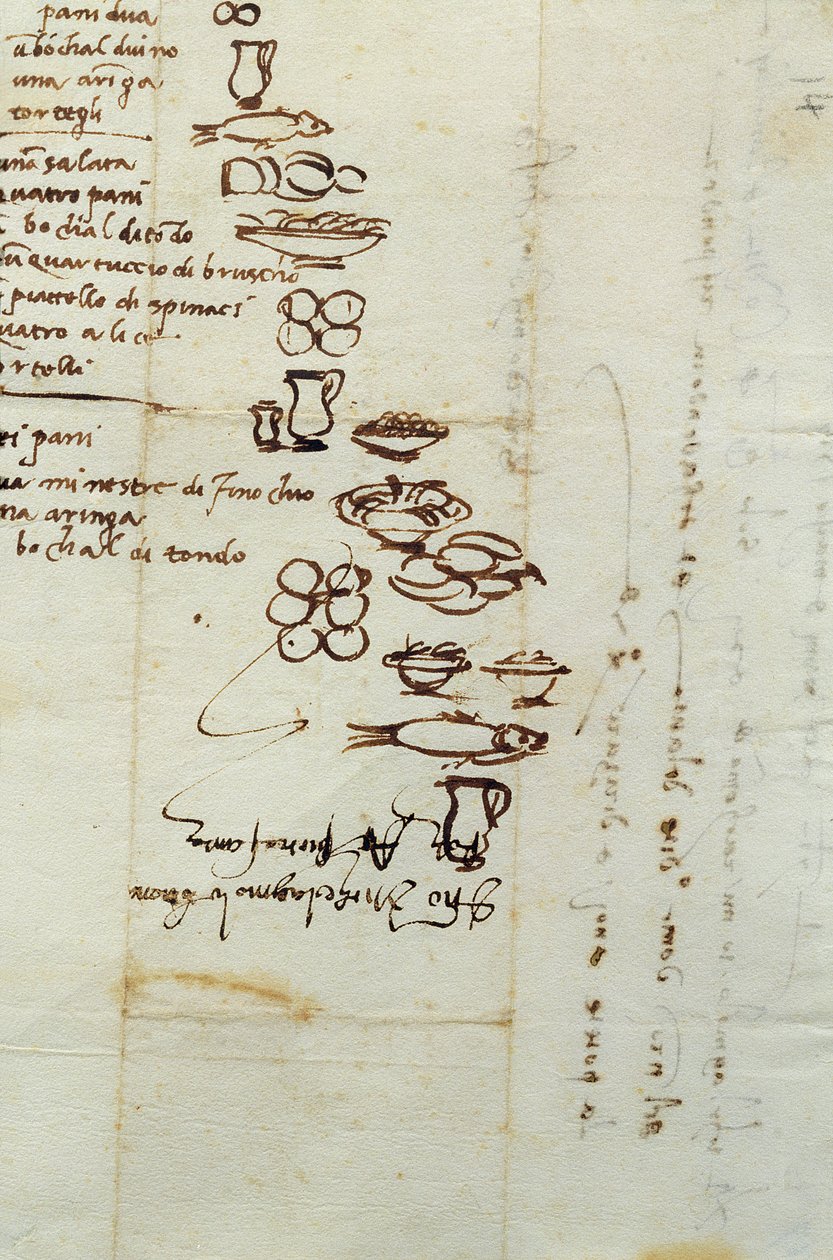 Três Listas Diferentes de Alimentos Descritas com Ideogramas, 1518 (tinta no papel) de Michelangelo Buonarroti