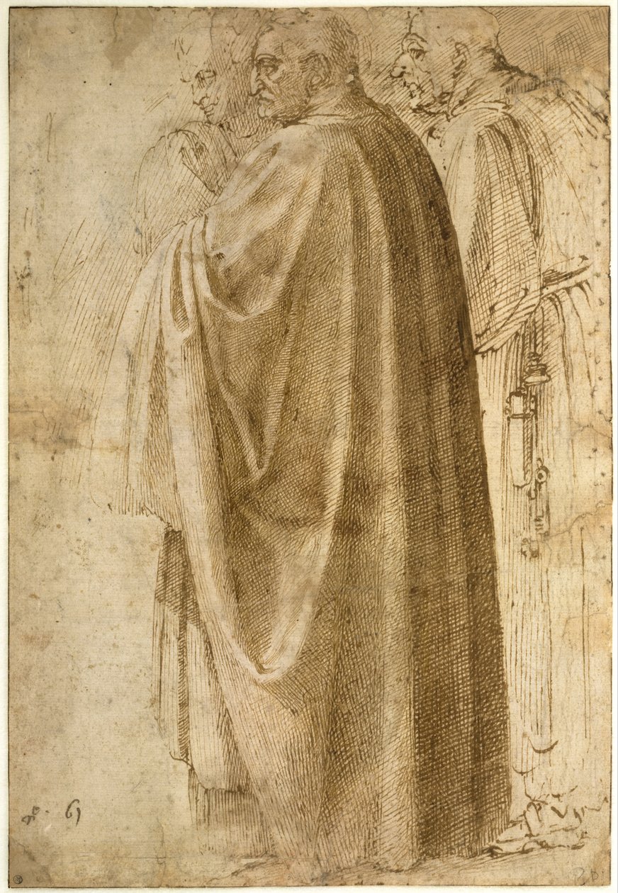 Três homens de pé em capas largas de Michelangelo Buonarroti
