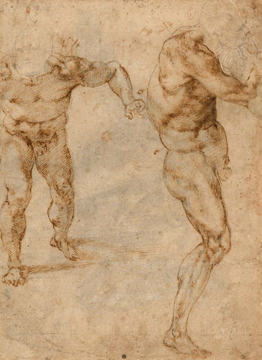 Dois Estudos Nus de um Homem Atacando e Outro Virando para a Direita (verso), c. 1504 de Michelangelo Buonarroti