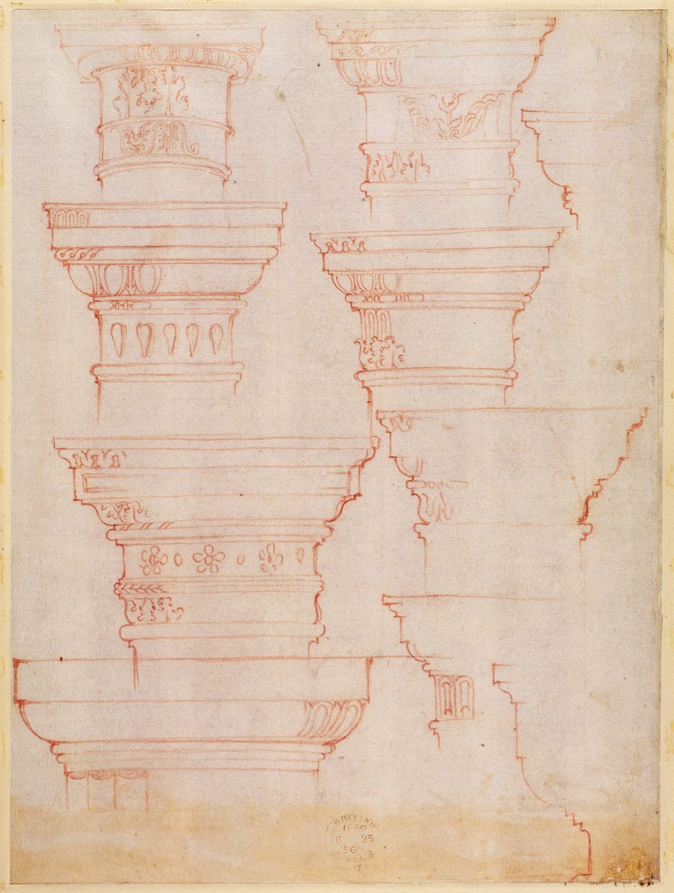 W.18v Estudo de capitais de coluna (lápis de cor) de Michelangelo Buonarroti