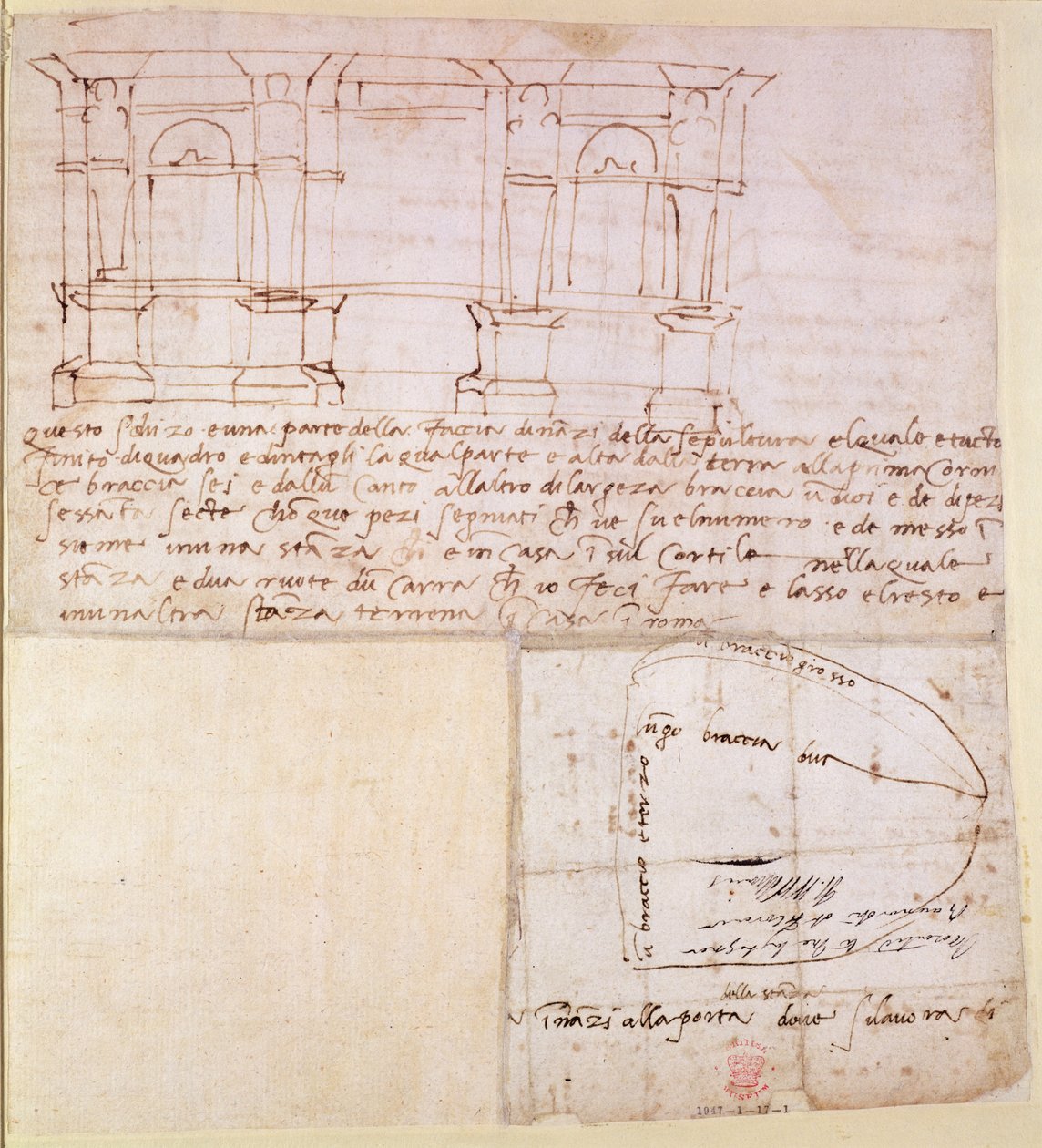 W.23r Esboço arquitetônico com notas (caneta e tinta) de Michelangelo Buonarroti