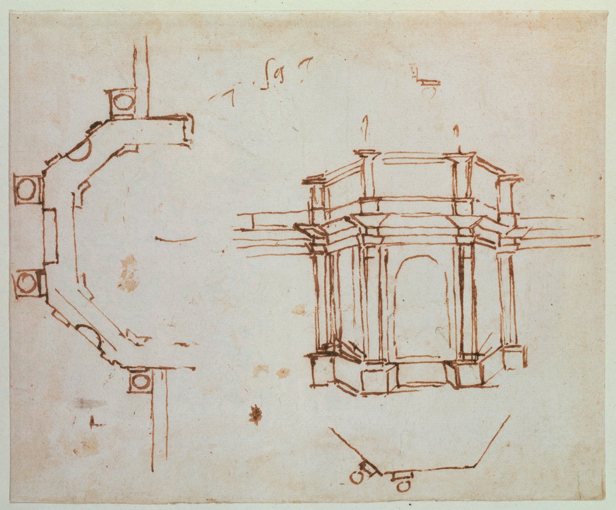 Esboço arquitetônico de W.24r (caneta e tinta) de Michelangelo Buonarroti
