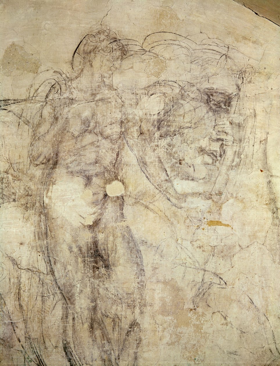 Desenho da parede de uma figura feminina e uma cabeça, c.1530 (carvão sobre gesso) de Michelangelo Buonarroti