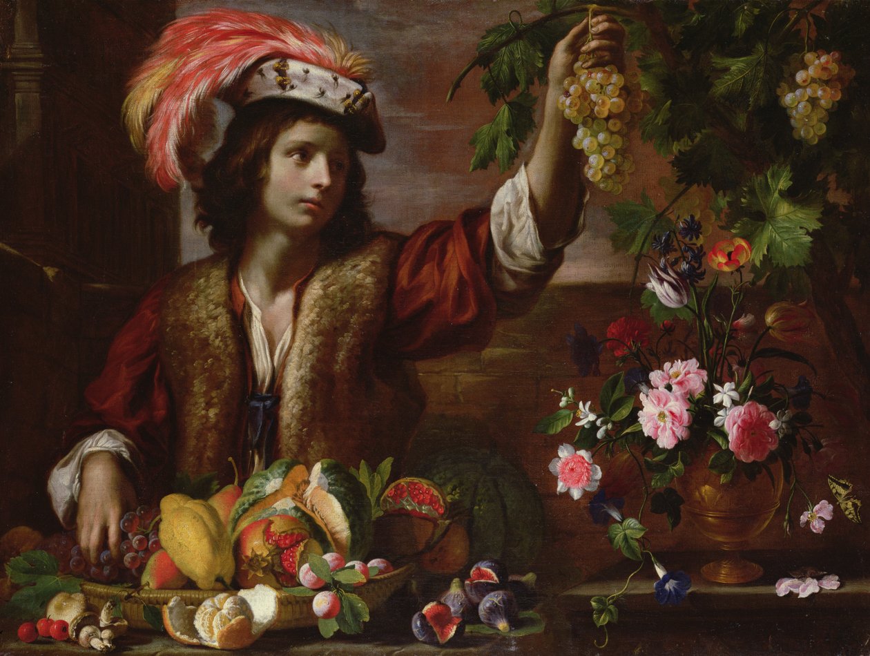 Jovem, em, um, plumas, chapéu, com, vida ainda de Michelangelo Cerquozzi