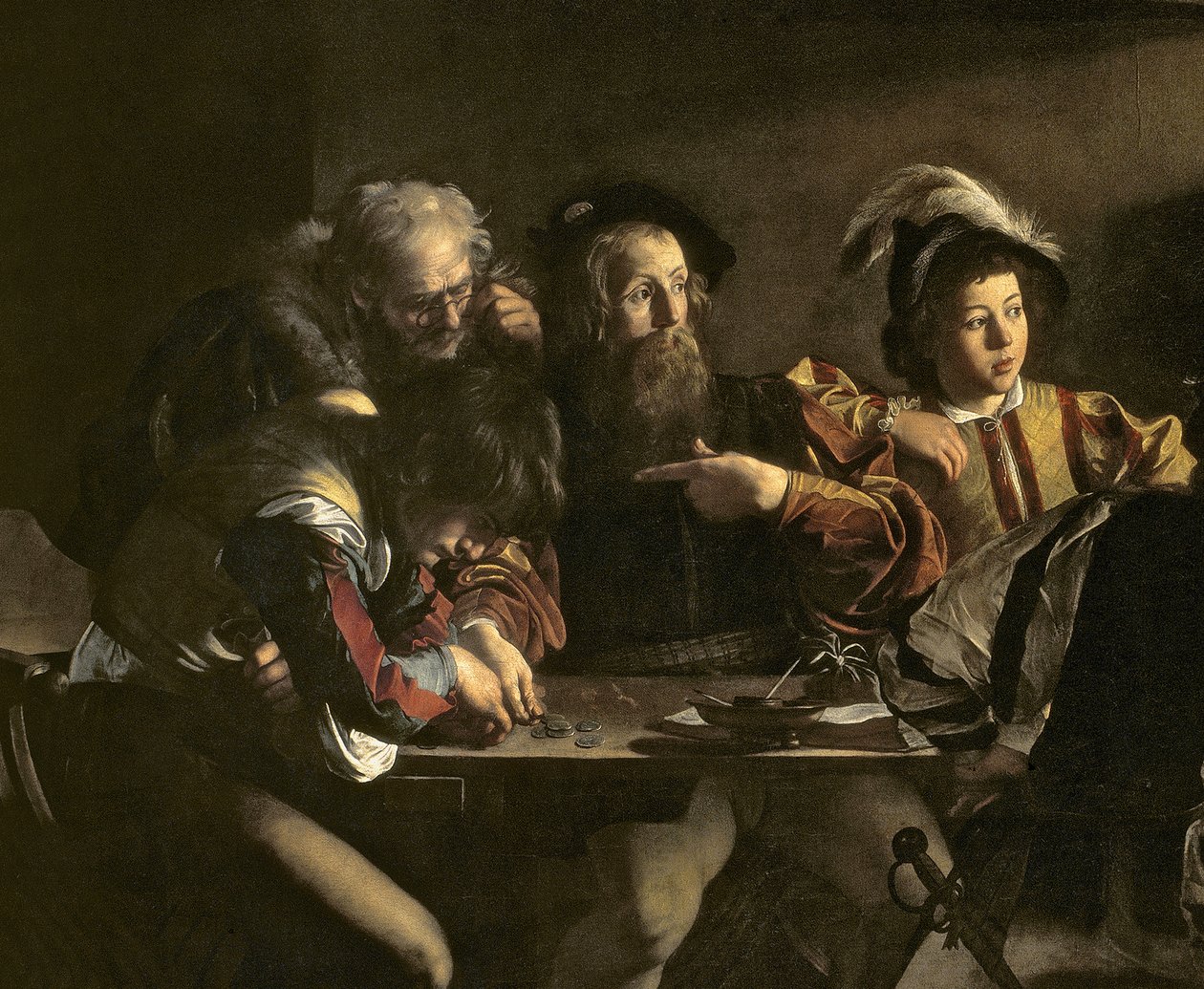 O Chamado de São Mateus, c.1598-1601 óleo no detalhe do painel de 828704 de Michelangelo Merisi Caravaggio