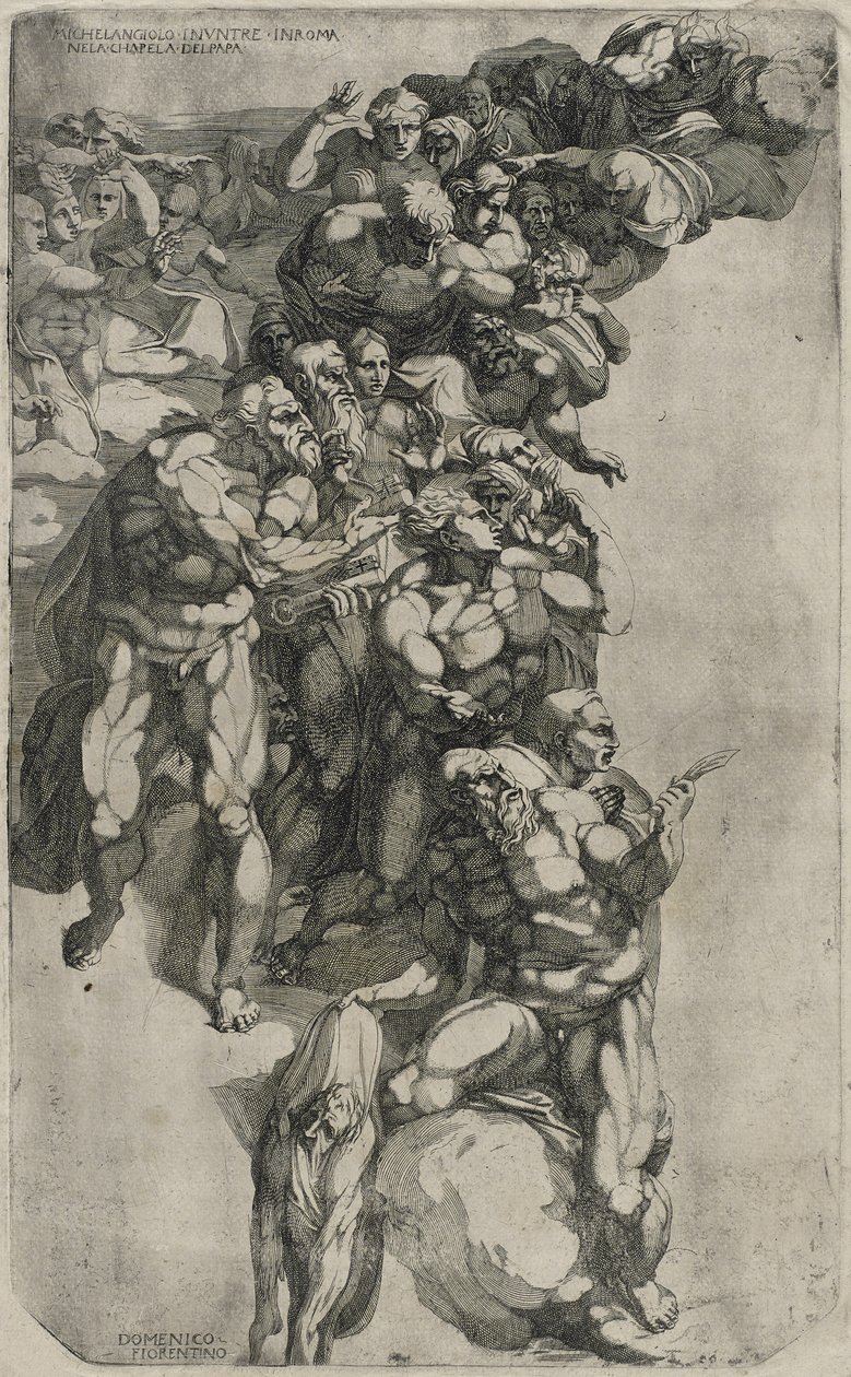 Grupo do Julgamento Final de Michelangelo, gravado por Domenico del Barbiere, 1540-50 de Michelangelo after Buonarroti