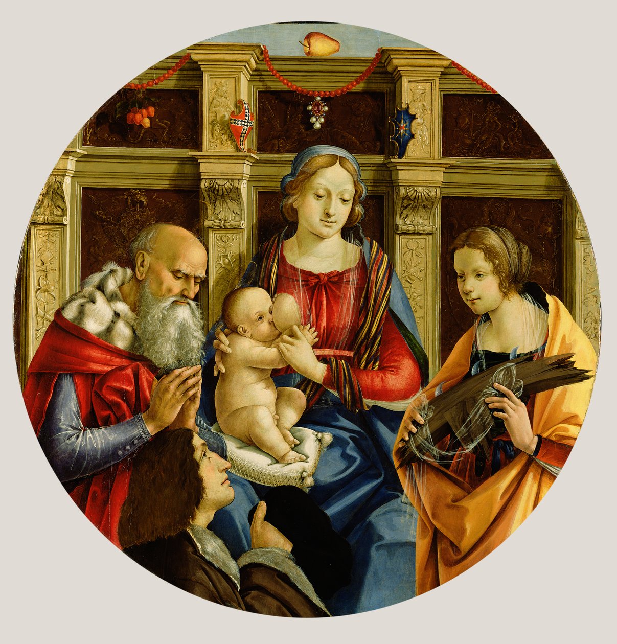 Madonna e criança com um santo masculino, Catherine de Alexandria e um doador, c.1500 (têmpera no painel) de Michelangelo di Pietro Membrini