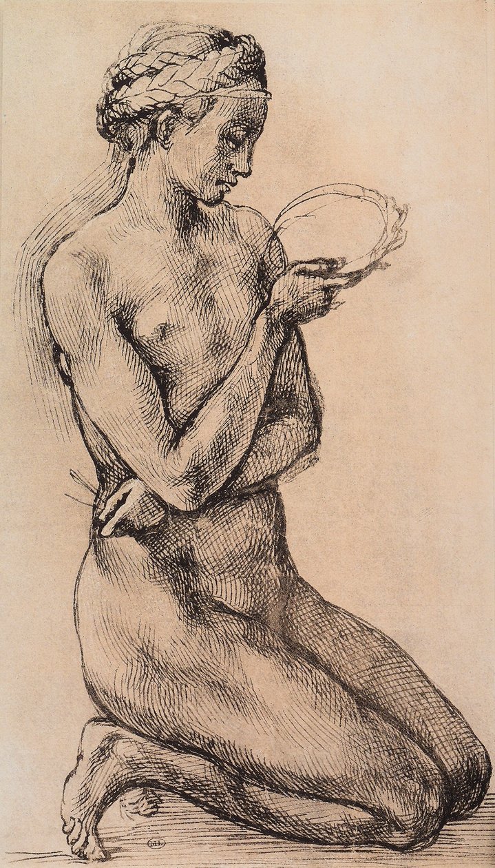 Mulher ajoelhada; desenho da escola de Leonardo. O louvre, paris de Michelangelo school of Buanorroti