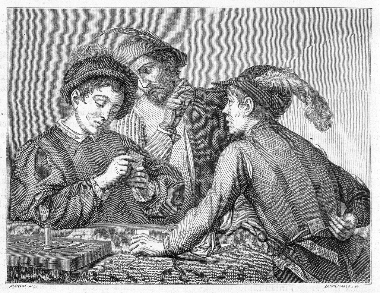 Os batoteiros. Gravura do século XIX retratando a obra de Caravaggio (il Caravaggio) por volta de 1596. de Michelangelo (after) Caravaggio