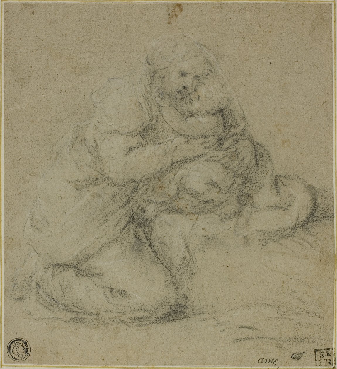 Mãe ajoelhada abraçando a criança de Michelangelo Anselmi