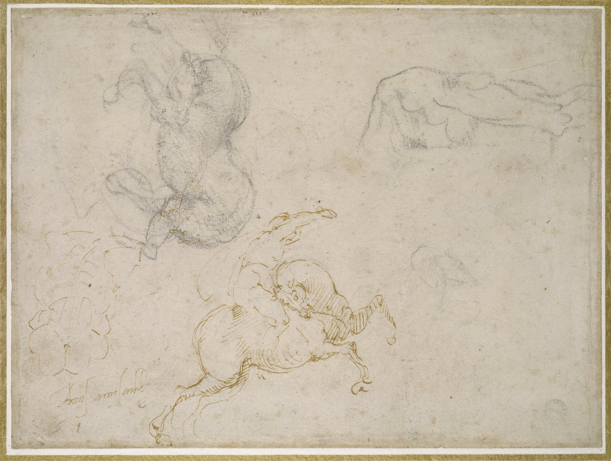 Um cavaleiro carregando e outros estudos (caneta e tinta marrom com e sobre giz preto sobre papel branco) de Michelangelo Buonarroti