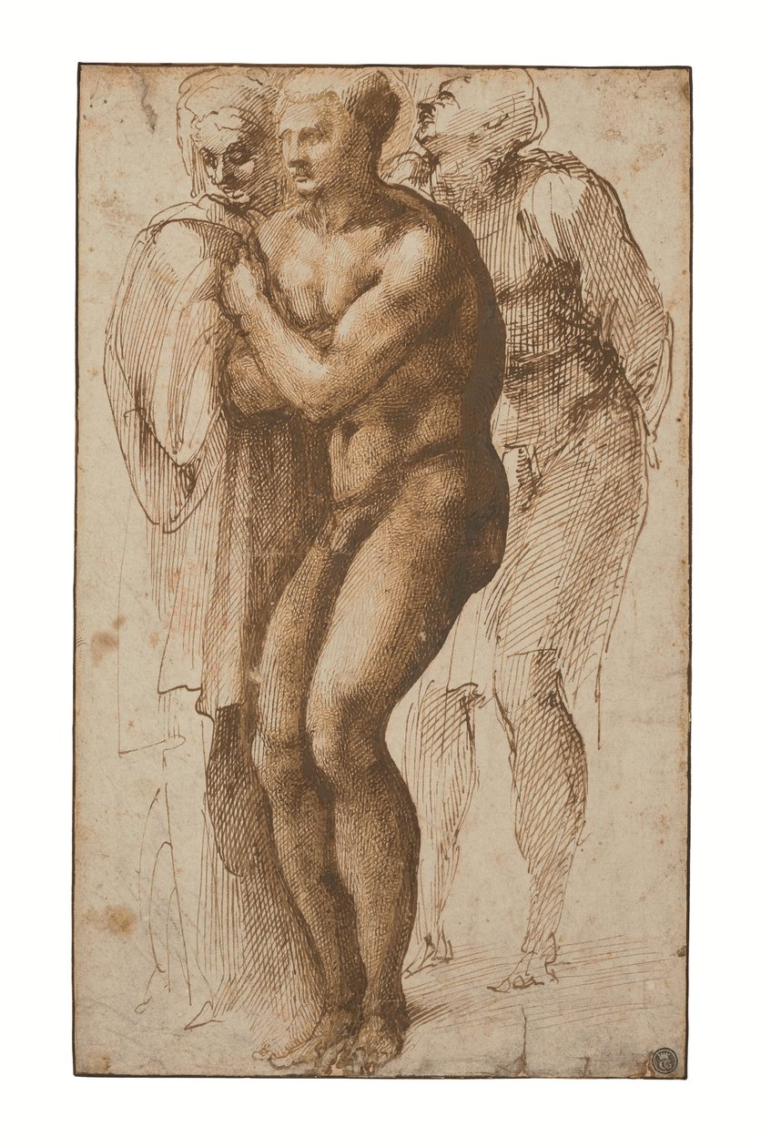 Um homem nu (segundo Masaccio) e duas figuras atrás dele (caneta e dois tons de tinta castanha, lavagem castanha, marca de água) de Michelangelo Buonarroti
